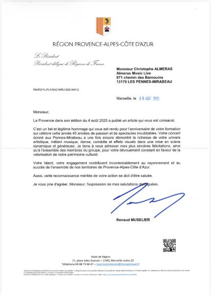lettre de félicitations signée par le Président de la Région Provence-Alpes-Côte d’Azur, Renaud Muselier